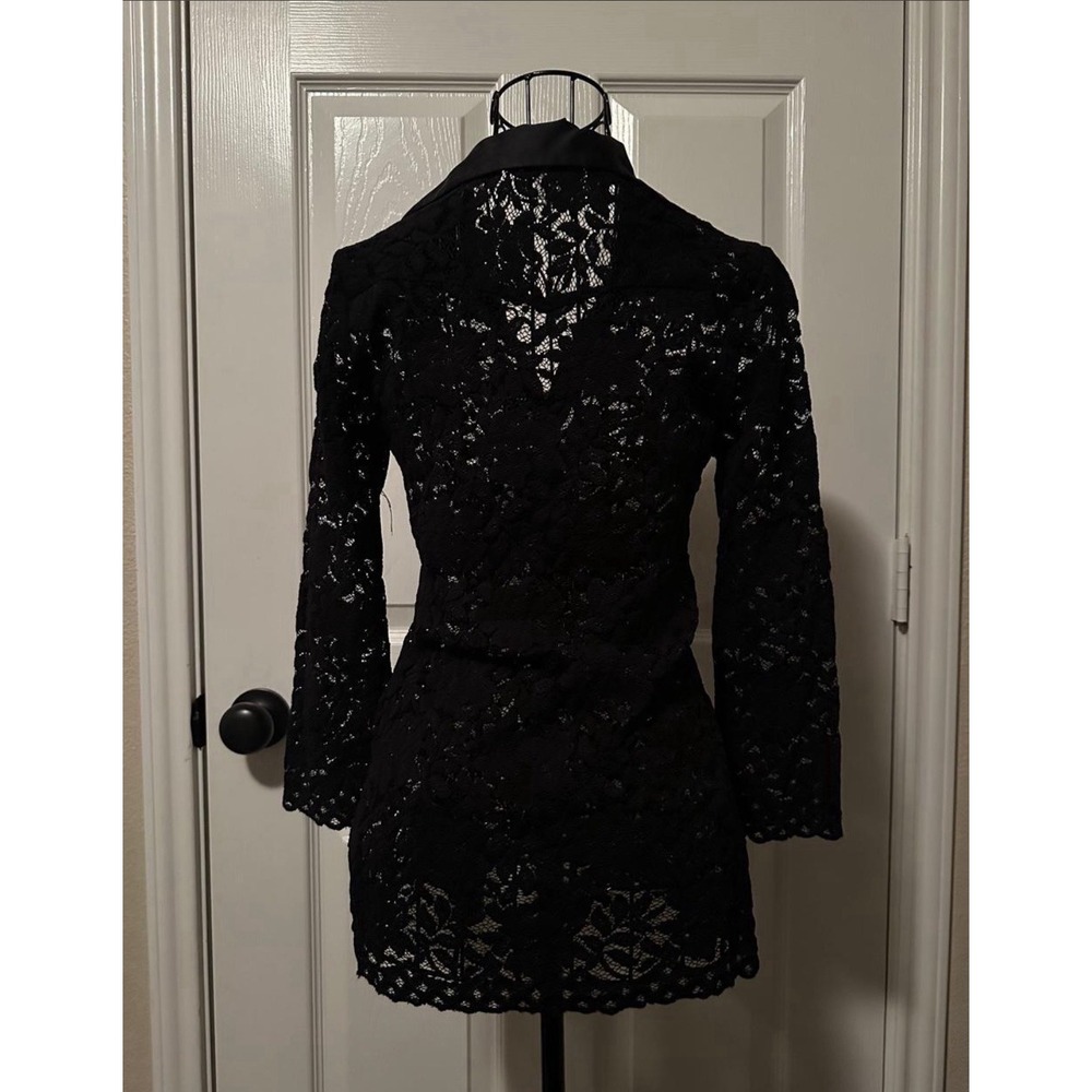 Cache Black Floral Lace Top Silk Trim Collar Sheer Blouse 3/4 Sleeve Whimsygoth